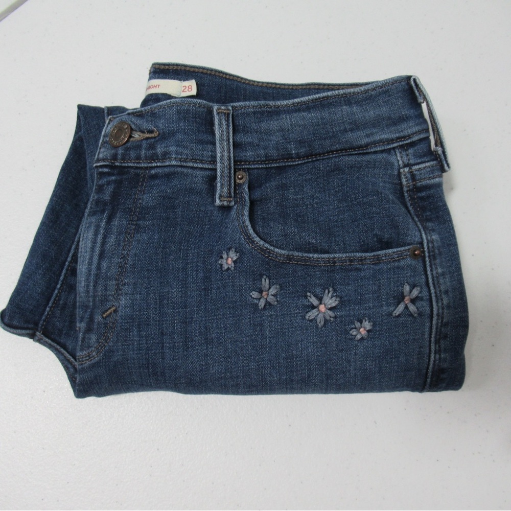 Levi’s 505 Straight Leg Floral Embroidered Denim Jeans Size 28